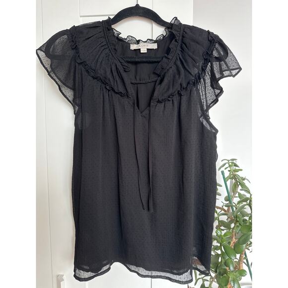 Loft Women's Black Cap Sleeve Ruffle Polka Dot Blouse, Size M, EUC. - Picture 1 of 4